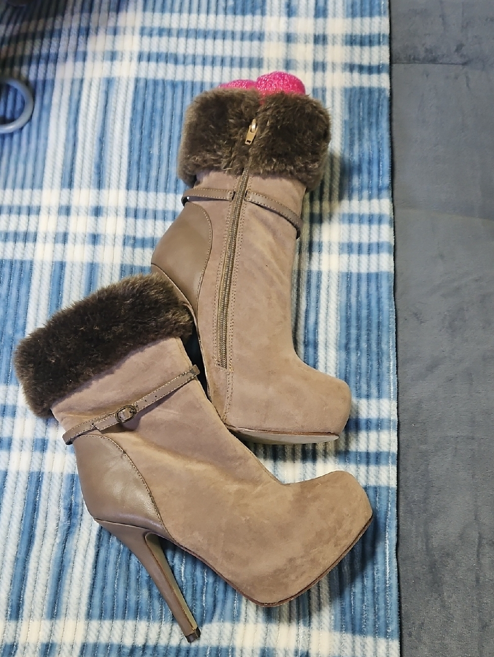 Women's Taupe Faux-Fur Trim High Heel Ankle Boot
